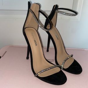 Fashion Nova Black Heeled Sandals with Rhinestone Straps